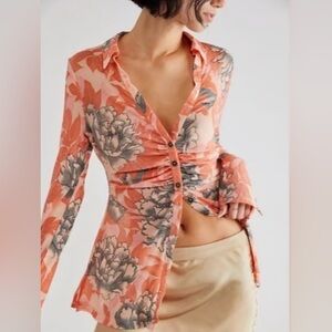 Free People Lucky Shirtee Floral Mesh Top L Ruched Button Down Peach Bloom Boho